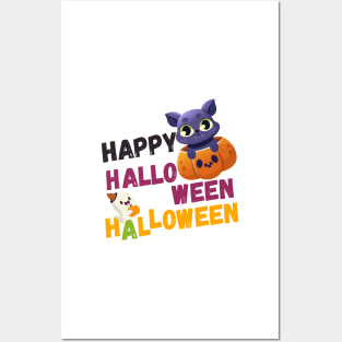 Happy Halloween Kitty - Cute Cat And Ghost Posters and Art